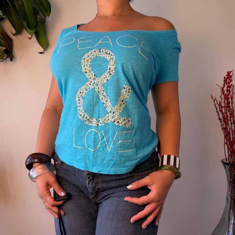Old Navy Vintage Y2K Peace Love Rhinestone Off Shoulder Teal Top Med 772744-03